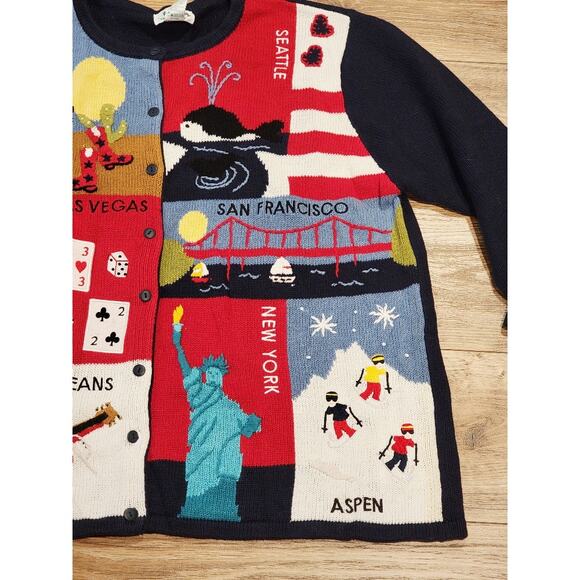 NEW VTG Quacker Factory Travel Sweater USA Patriotic 1X Blue Red Button Covers - Picture 4 of 11